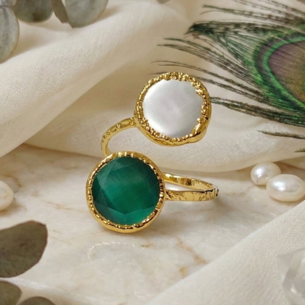 Turkish Artisan 18K Gold Plated Genuine Emerald Glass Pearl Adjustable Ring